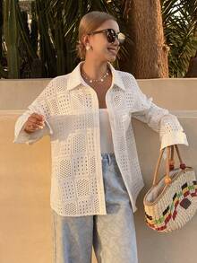 Livesso Lace Collar See-Through Casual Women Shirt - Apricot - View 4