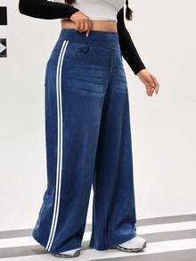 Flexra Plus Size Women High Waist Pockets Wide Leg Loose Side Stripe Fashion Casual Jeans - Dark Wash - View 4