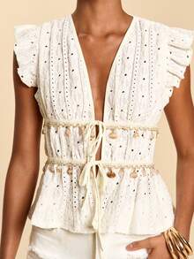 Travachic Top tricoté col V blanc bohème pour femmes, détail coquillage perle, manches avion, vacances d'été, élégant, vacances à la plage, tops décontractés pour fête bohème - Nude - Voir 8