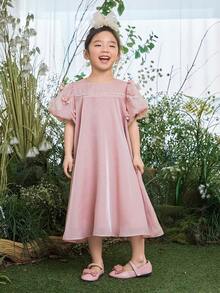 DAZY Young Girls Party Birthday Solid Color Short Sleeve Formal Dress Vacation - Apricot - View 4