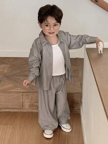 DAZY Toddler Boys' Fashion Shirt Set, Korean Style Casual Outfit, Grey, Lightweight Shirt Top And Wide Leg Pants 2-Piece Set, Spring/Summer/Autumn - Dark Grey - View 3