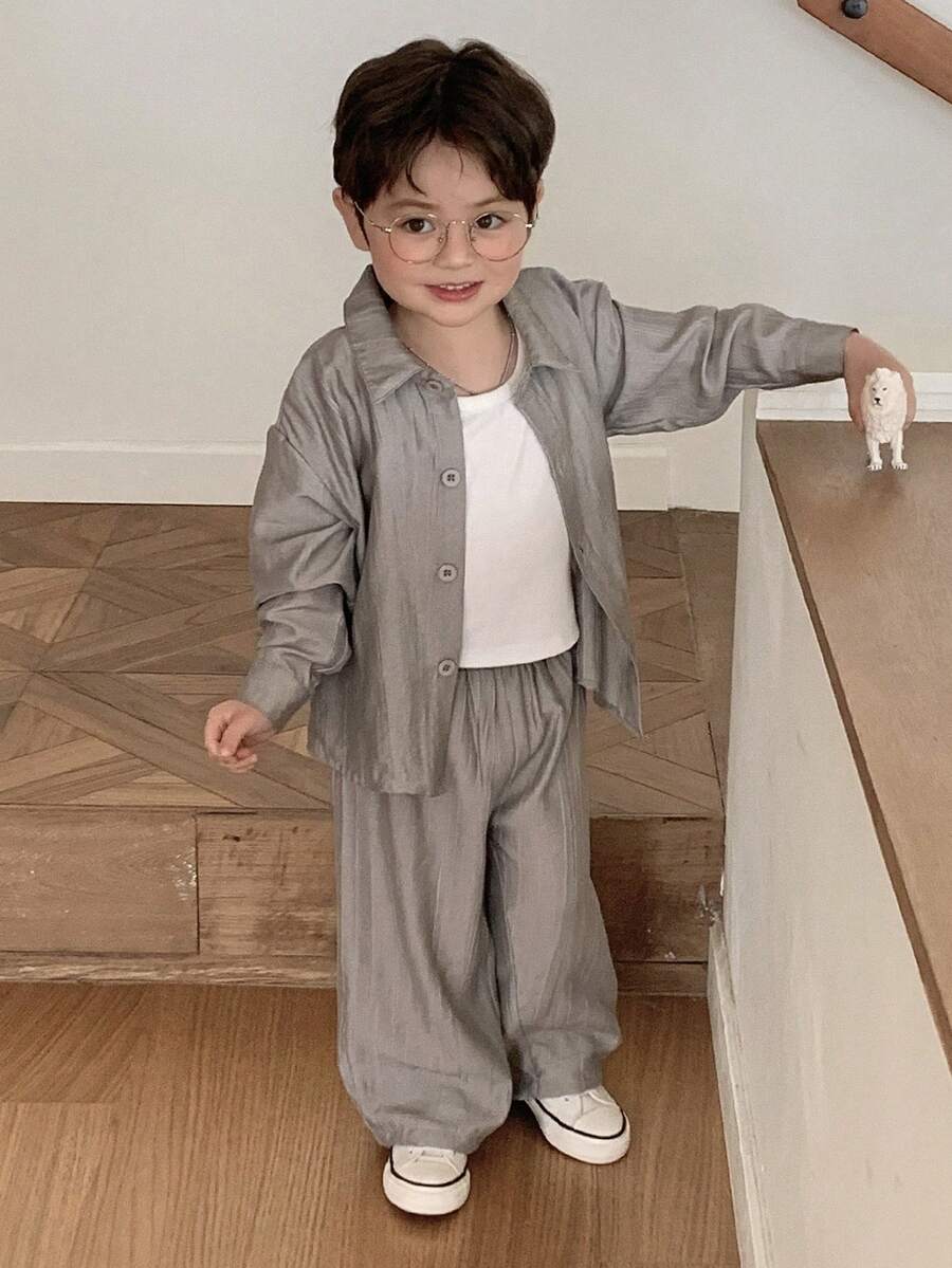 DAZY Toddler Boys' Fashion Shirt Set, Korean Style Casual Outfit, Grey, Lightweight Shirt Top And Wide Leg Pants 2-Piece Set, Spring/Summer/Autumn - Dark Grey - View 1