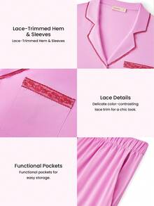 LUVLETTE Women Sexy Silky Satin Luxurious Lace Trim Button-Up Long PJ & Lounge Sets Airy Pink Loungewear Pajama Set Lingerie Valentine's Day Gifts - Pink - View 3