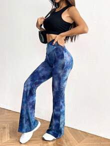 SHEIN EZwear Plus Size Summer Tie-Dye Elastic Comfortable Skinny Flare Pants - Lilac Purple - View 5