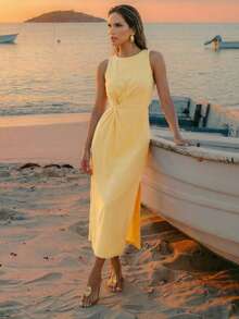 CAJUNI Đầm nữ màu trơn, thiết kế xoắn eo, xếp ly, khoét lỗ, thời trang cho các buổi hẹn hò. - Vàng nhạt - Xem 7