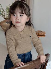 DAZY Baby Girls Crochet Knit Button-Up Long Sleeve Sweater - Khaki - View 2