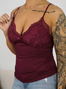 SAYEHFBABY 优雅纯色对比蕾丝褶饰 Y2k 吊带背心 - 酒紅色 - 查看 3