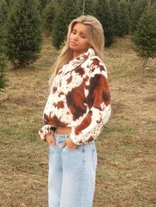 Sydney Algeri Women's Clothing Autumn And Winter Casual Coffee Brown Cow Print Fashion Home Stand Collar Zipper Polo Pocket Patch Pocket Long Sleeve Sweatshirt, Fall - Brown - View 3