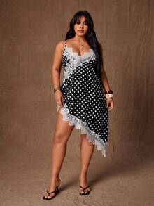 Rustia Asymmetrical Polka Dot Contrast Lace Slip Dress, Sexy