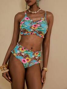 Vesra Women's Leopard & Hibiscus Floral Print Bikini Set Set, Spaghetti Strap Tank Top, Summer Beach Pool Party Holiday, Spring/Summer - Multicolor - View 3