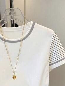 SHEIN Women's Casual Striped Print Short Sleeve T-Shirt, Suitable For Daily Commute In Summer - White - View 4
