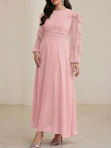 Modelyn Long Round Neck Ruffle Sleeve Black Dress - Pink - View 3