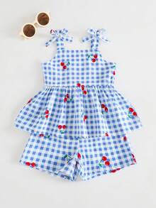SHEIN 2件組女嬰新生兒0-3歲可愛度假風藍白條紋蝴蝶結裝飾吊帶上衣+短褲套裝 夏季櫻桃小女童套裝 - 藍色 - 查看 4