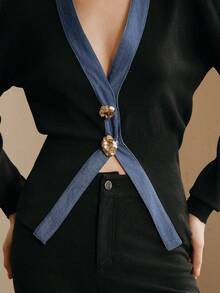 Anewsta Women's Elegant Long Sleeve Denim Knit Cardigan - Black - View 1