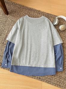 Manfinity Dauomo Camiseta de manga larga casual de hombre con estampado de cuadros 2 en 1 - Gris - Ver 4
