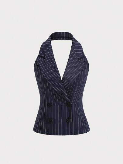 Sweetra 女士藏蓝色条纹背心西装外套，办公着装，职业装，商务休闲，街头风，春夏款