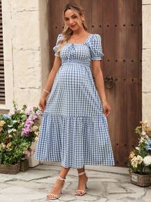 SHEINE 女士优雅格纹荷叶边下摆休闲连衣裙，波西米亚风孕妇装，适合春夏日常外出、约会、度假 - 藍色 - 查看 4