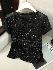 Franclia Women's Fashion Shiny Loose Fit Sheer Mesh Short Sleeve T-Shirt - Multicolor - View 1