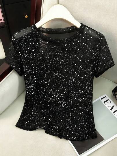 Franclia Women's Fashion Shiny Loose Fit Sheer Mesh Short Sleeve T-Shirt