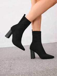 ISPORTE Elastic Booties For Women, With Thick Heel And Thin Toe, Made Of Elastic Fabric. Perfect For Valentine's Day, Graduations, End-Of-Year Parties, Vacations, Christmas And New Year's. - 黑色 - 查看 2