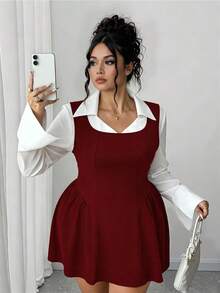 Elenzga 大码女式宽松休闲连衣裙 - 酒紅色 - 查看 3