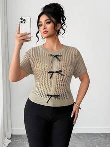 Elenzga Plus Size Khaki Round Neck Semi-Sheer Knit Top,Regular Sleeve Casual Style Knitwear Short Sleeve Black Summer Elegant Rib-Knit Tie Accents - Khaki - View 5