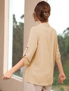 Mulvari 女士纯色翻领卷袖优雅办公衬衫，春夏款 - 杏色 - 查看 3