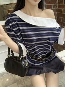 DAZY Women's Contrast Stripe Asymmetric-Shoulder Short Sleeve Casual Street Style T-Shirt - Blue - View 4