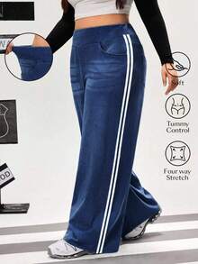 Flexra Plus Size Women High Waist Pockets Wide Leg Loose Side Stripe Fashion Casual Jeans - Dark Wash - View 1