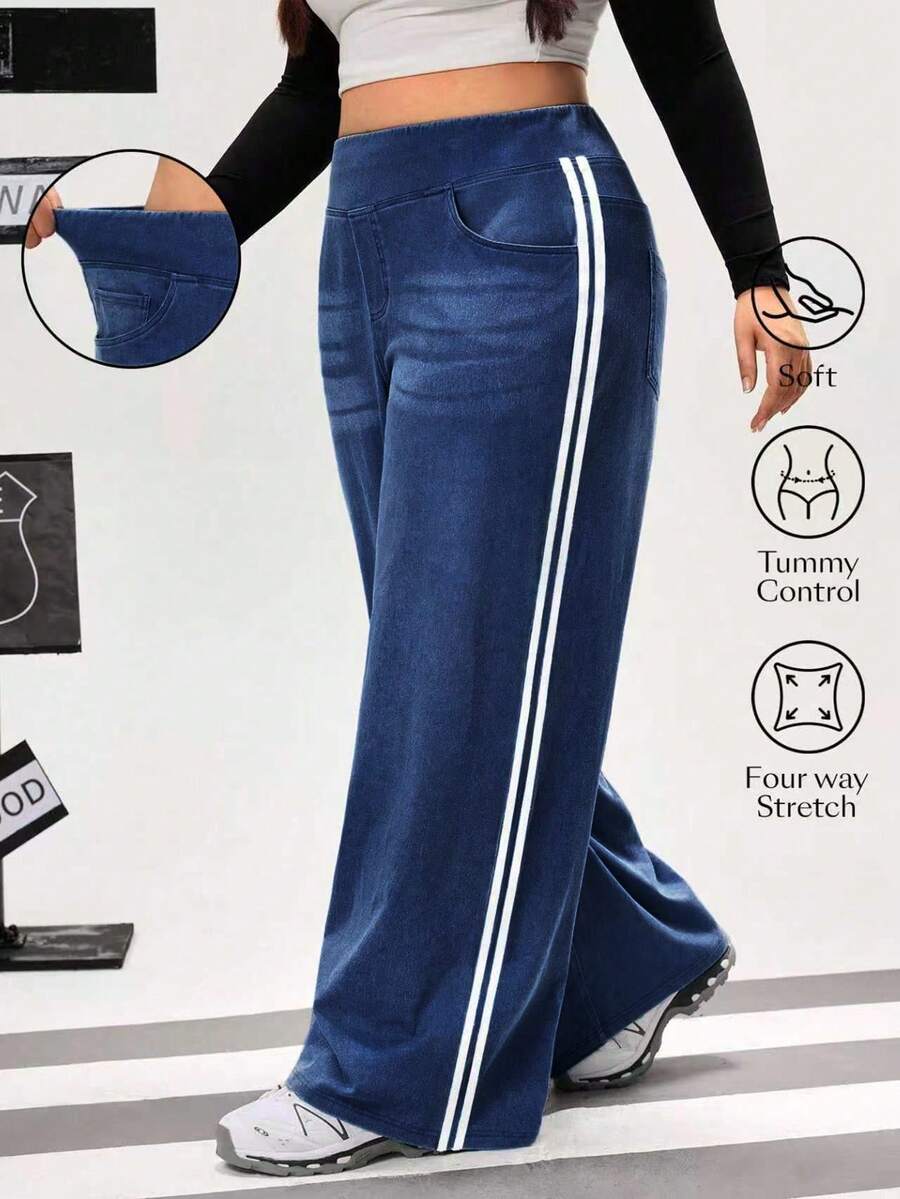 Flexra Plus Size Women High Waist Pockets Wide Leg Loose Side Stripe Fashion Casual Jeans - Dark Wash - View 1