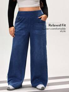 Flexra Plus Size Women High Waist Pockets Wide Leg Loose Side Stripe Fashion Casual Jeans - Dark Wash - View 5