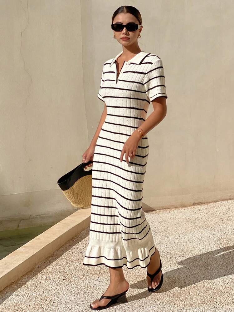 Women's Elegant Turndown Collar Colorblock Striped Knit Dress, Summer