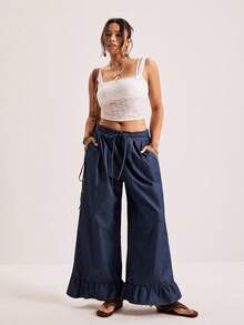 Freevana 大码休闲水洗荷叶边阔腿牛仔裤，情人节、夏季、狂欢节、海滩、派对、优雅、外出，大码休闲水洗复古阔腿牛仔裤，休闲街头拼接口袋宽松阔腿牛仔裤，宽松牛仔裤，休闲日常水洗斜插口袋宽松牛仔裤，深色水洗牛仔布，松紧腰牛仔裤，蝴蝶结腰带，抽绳腰带，荷叶边裤脚，法式休闲风，优雅休闲牛仔裤，清新夏季牛仔，度假牛仔，海滩，下午茶，周末度假，夏季街头风，荷叶边七分牛仔裤，春夏宽松牛仔裤 - 藍色 - 查看 3