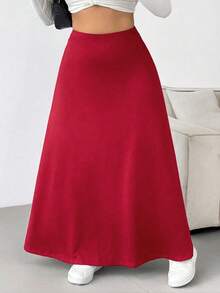 SHEIN EZwear Váy nữ cỡ lớn màu đỏ cạp cao, kiểu dáng thường ngày/công sở. - Đỏ - Xem 3