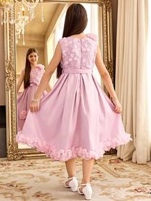 SHEIN Tween Girl Fashionable Elegant Sleeveless Round Neck Light Pink Dress, Summer Wedding Girls 3d Flowers Dress With Ruffles, Tween Girl Frocks - Pink - View 7