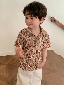 DAZY Toddler Boys' Allover Print Casual Turndown Collar Short Sleeve Vacation Top, Spring/Summer - Coffee Brown - View 6