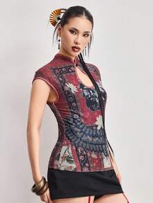 ROMWE Avant 复古中国风佛像图案抽绳女式衬衫 - 彩色 - 查看 7