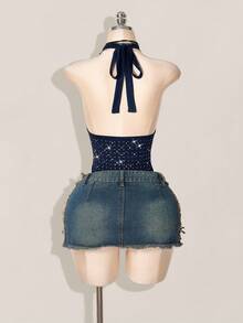 SHEIN ICON Áo liền thân nữ cổ chữ V xẻ cao, đính đá lấp lánh, kiểu yếm, hở lưng. - Màu xanh hải quân - Xem 2