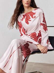 ZEYLAH Slanted Print Fitted Off-Shoulder Flare Sleeve Dress, Spring - Pink - View 6