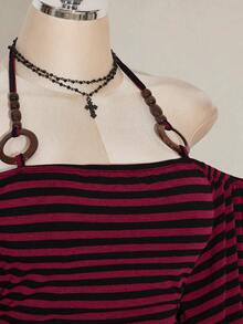 SHEIN ICON 大码女式 Y2K 复古条纹露肩喇叭袖吊带时尚 T 恤，前卫街头风，休闲喇叭袖露肩条纹针织上衣 - 彩色 - 查看 5