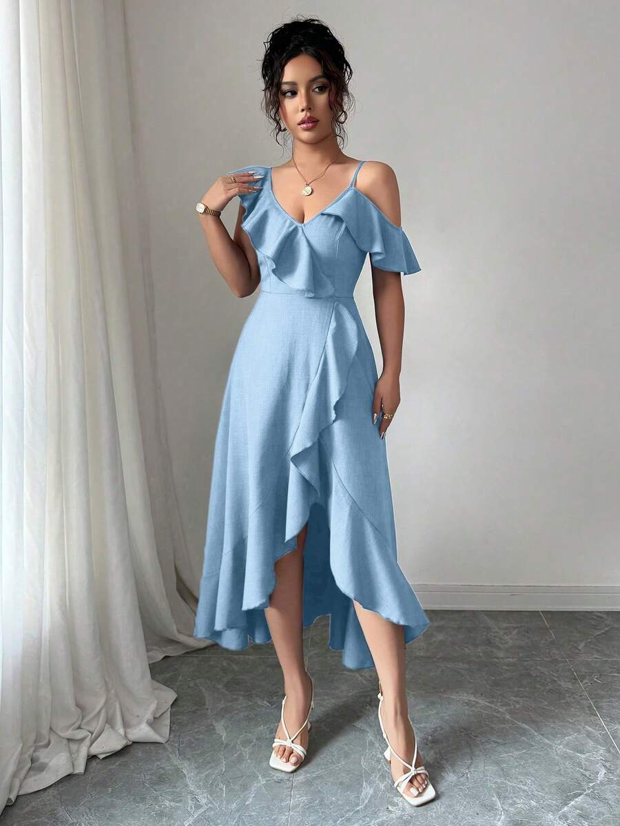 Elenzga Women's Elegant Ruffle Denim Effect Dress - Sky Blue - View 1