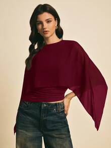 Poéselle Women's Solid Color Minimalist Poncho Sleeve T-Shirt, Everyday Wear - Burgundy - View 4