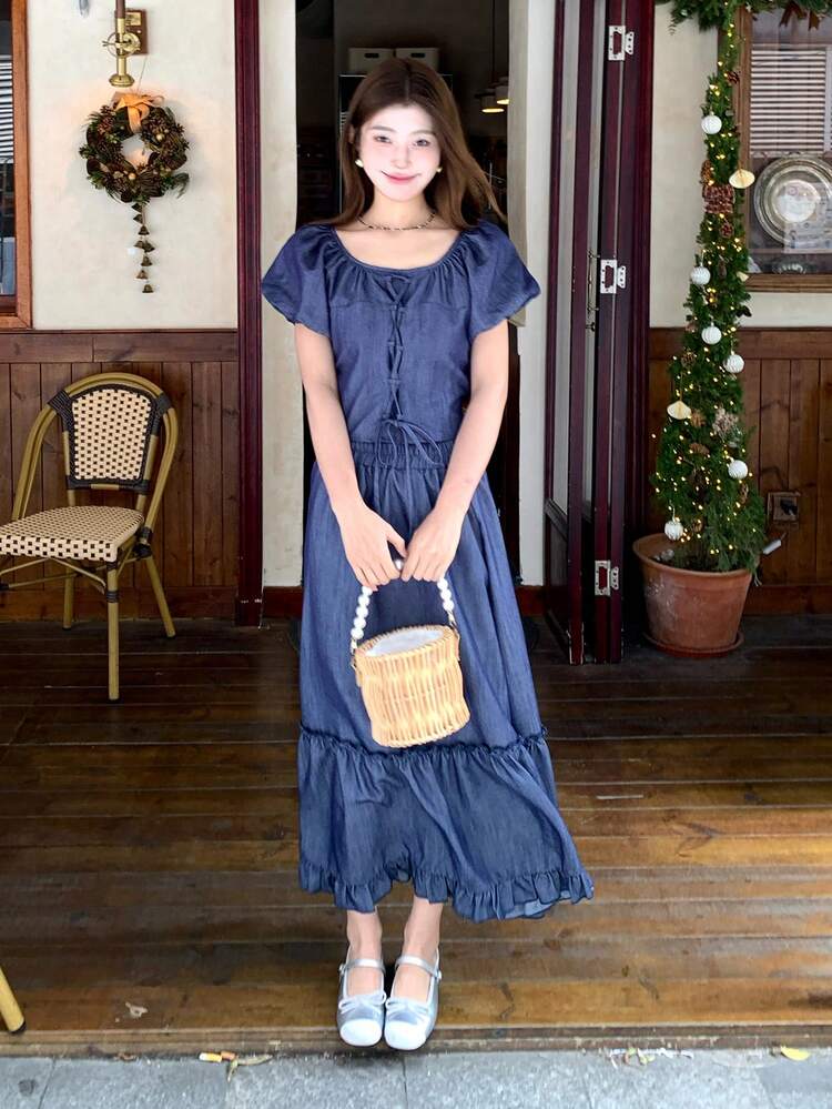 Women's Round Face Denim Effect Shirt + Ruffle Hem Skirt 2-Piece Set, Korean Style Casual