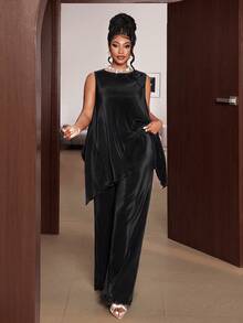 Maweii Plus Size Women 2 Pieces Set Asymmetrical Vest & Casual Pants Suit, Suitable For Vacation, Outdoor, And Commute, Summer - Black - View 5