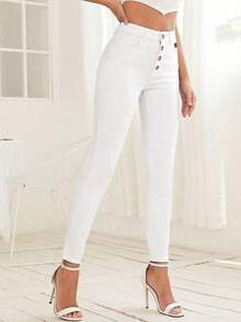 SHEIN Frenchy Women's Solid Color Casual Button Decorated Denim Pants - White - View 4