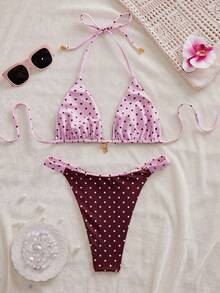 Swim Mod Bộ bikini nữ mùa hè mới, thời trang đi nghỉ mát bên bờ biển, ngọt ngào, dễ thương, họa tiết chấm bi tương phản, hai mặt, kiểu buộc dây cổ sau lưng, gợi cảm. - Nhiều màu - Xem 4