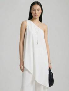 Ontre Bộ quần áo nữ 4 mùa Thu/Đông 2025: Trang phục mùa thu, trang phục mùa đông, trang phục đi học, trang phục Halloween, trang phục Giáng sinh, trang phục giáo viên, trang phục đi chơi tối - Áo lệch vai không tay & quần nữ, trang phục công sở thường ngày. - trắng - Xem 2