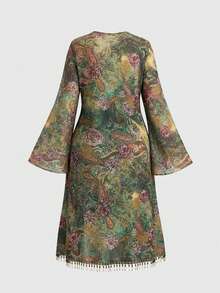 ROMWE Cardigan lungo bohémien oversize in stile retrò hippie con stampa paisley, frange e perline di legno trasparenti, adatto per festival musicali - Multicolore - Visualizzare 7