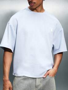 PLAYBOY X SUMWON Men's Boxy Fit Elbow Sleeve Crew Neck T-Shirt With Small Chest Logo Casual Streetwear Basic Tee Relaxed Summer Essential - Blue - View 4