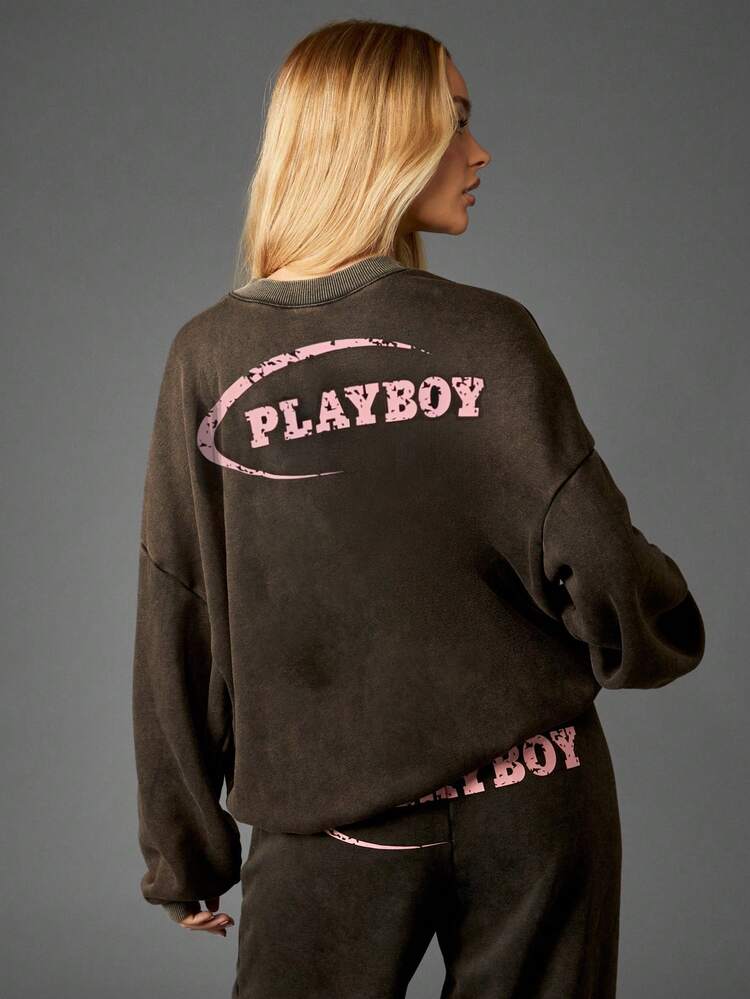 Missguided x Playboy Oversized Washed Brown Pullover Sweatshirt With Vintage Print Long Sleeve Crew Neck Casual Fall Winter
